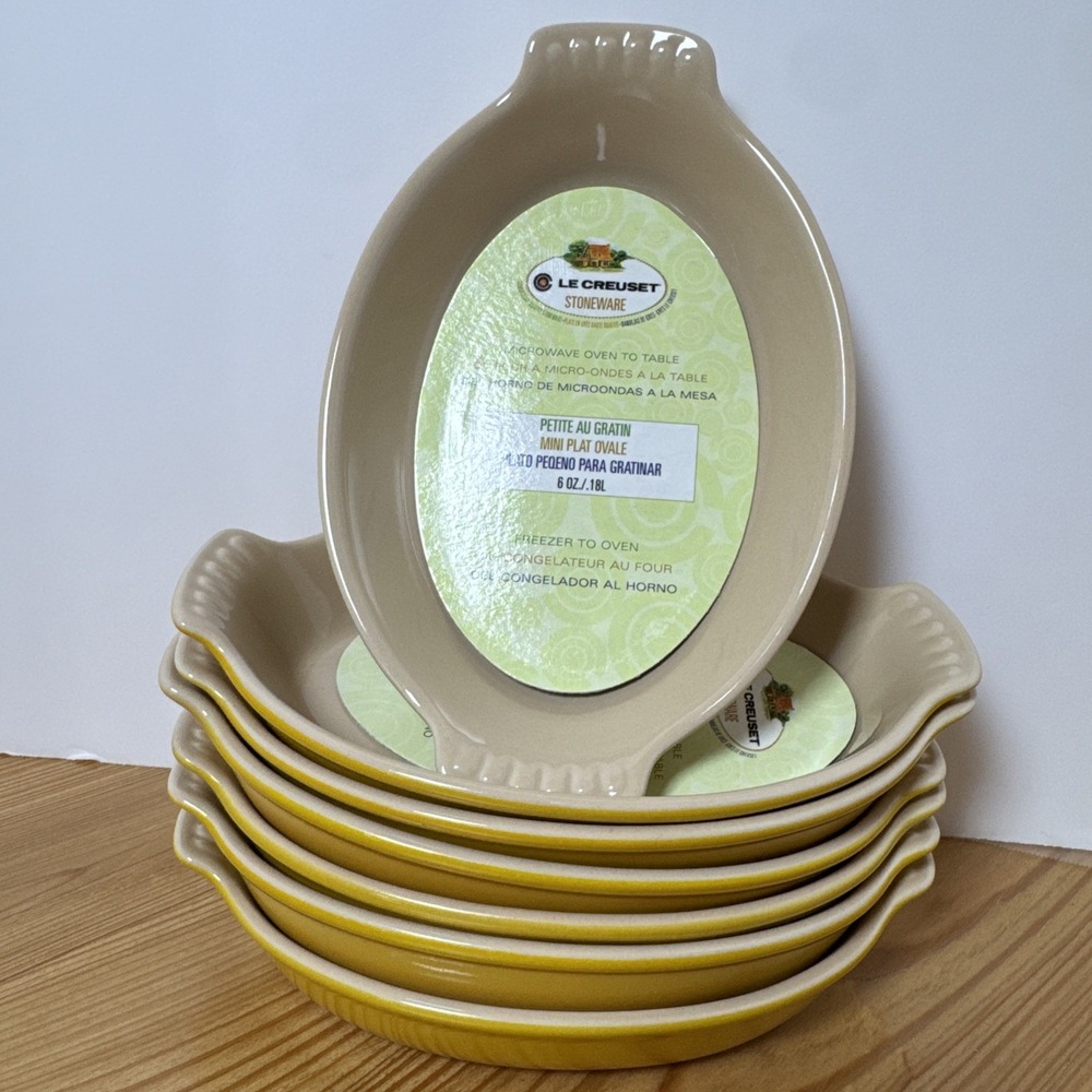 Le Creuset Stoneware Heritage Oval Au Gratin 6oz Yellow Set of 7 NEW